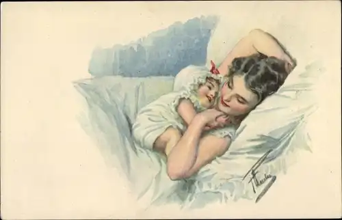 Künstler Ak Feiertag, Karl, Mutter mit Kind im Bett liegend, BKWI 533-1
