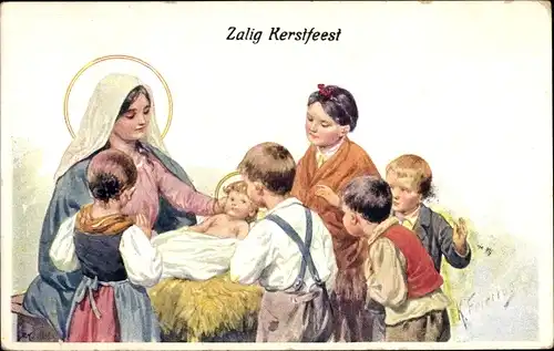 Künstler Ak Feiertag, Karl, Zalig Keersfeest, Frohe Weihnachten, Kinder an der Krippe, Maria