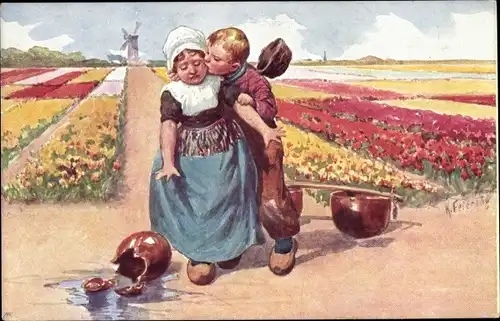 Künstler Ak Feiertag, Karl, Blumenfeld, Windmühle, niederländische Volkstrachten, zerbrochener Krug