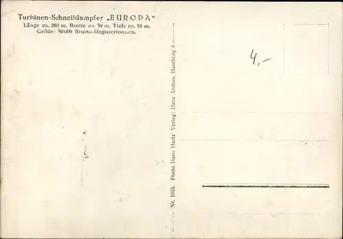 Ak Dampfer Europa, Norddeutscher Lloyd Bremen, Vierschraubenturbinenschnelldampfer