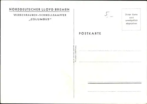 Künstler Ak Dampfschiff Columbus, Norddeutscher Lloyd Bremen, Ansicht Backbord