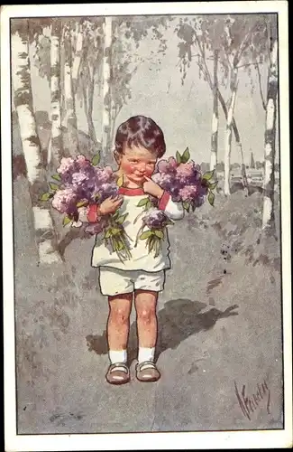 Künstler Ak Feiertag, Karl, Junge mit Blumen, Waldpartie, Birken