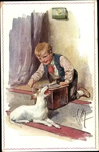 Künstler Ak Feiertag, Karl, Junge füttert seinen Hund