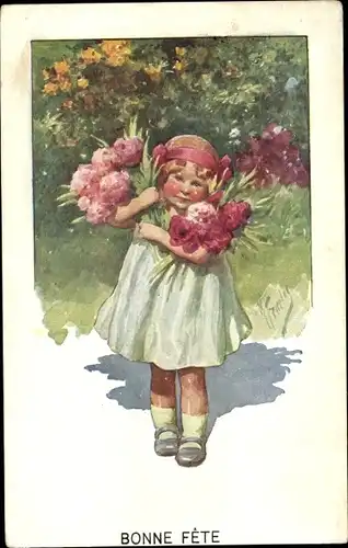 Künstler Ak Feiertag, Karl, Mädchen mit Blumenstrauß, Glückwunsch, Bonne Fete