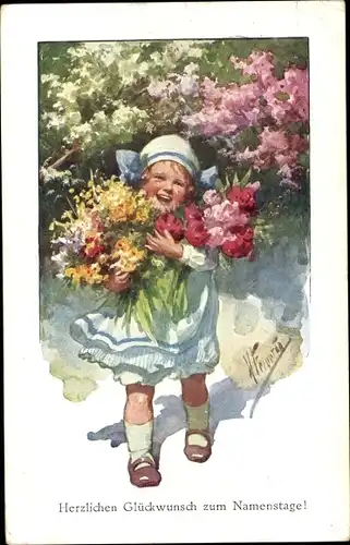 Künstler Ak Feiertag, Karl, Mädchen mit Blumenstrauß, Glückwunsch Namenstag
