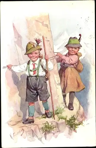 Künstler Ak Feiertag, Karl, Kinder beim Klettern, Tracht