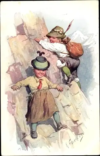 Künstler Ak Feiertag, Karl, Zwei Kinder beim Bergsteigen