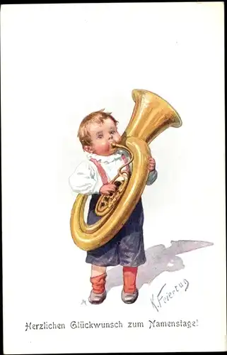 Künstler Ak Feiertag, K., Glückwunsch Namenstag, Kind spielt Tuba, BKWI 774-6