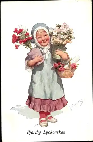 Künstler Ak Feiertag, K., Mädchen mit Blumenstrauß, Hjärtlig Lyckönskan
