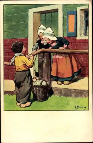 Künstler Ak Feiertag, Karl, Kinder in niederländischer Tracht, Korb