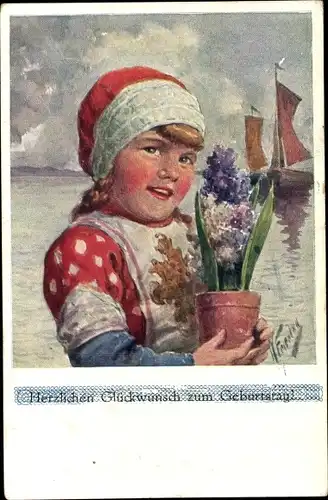 Künstler Ak Feiertag, Karl, Glückwunsch Geburtstag, Mädchen mit Blumen, Segelschiff