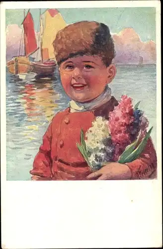Künstler Ak Feiertag, Karl, Junge mit Blumen, Segelschiff, Niederländische Tracht