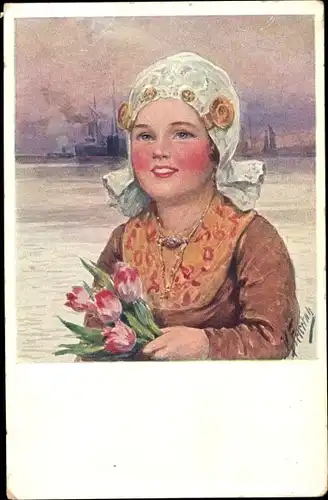 Künstler Ak Feiertag, Karl, Mädchen mit Blumen, Segelschiff, Niederländische Tracht
