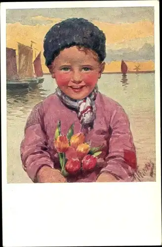 Künstler Ak Feiertag, Karl, Junge mit Blumen, Segelschiff, Niederländische Tracht