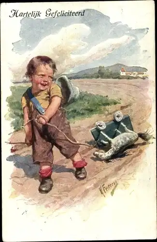 Künstler Ak Feiertag, Karl, Glückwunsch, Hartelijk Gefeliciteerd, Junge mit Pferd-Spielzeug