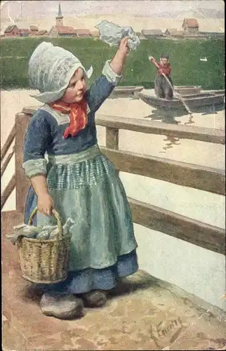 Künstler Ak Feiertag, Karl, Mädchen in niederländischer Tracht, Ruderboot, Korb mit Fischen