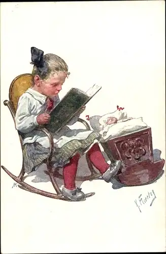 Künstler Ak Feiertag, Karl, Mädchen beim Buchlesen, Puppe im Wiegenbett