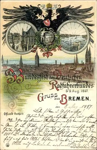 Litho Hansestadt Bremen, Bundesfest des Deutschen Radfahrerbundes 1897, Stadtansicht