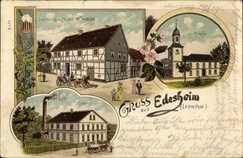 Litho Edesheim Northeim in Niedersachsen, Gastwirtschaft, Kirche, Molkerei