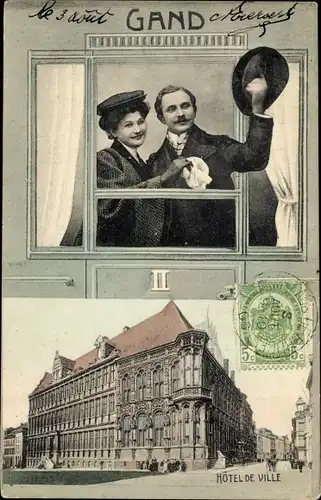 Passepartout Ak Gand Gent Ostflandern, Paar am Zugfenster, Hôtel de Ville