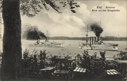 Ak Kiel, Bellevue, Blick auf Kriegshafen, Dampferflotte
