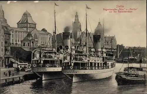 Ak Szczecin Stettin Pommern, Rügendampfer Odin und Hertha vor der Hakenterrasse