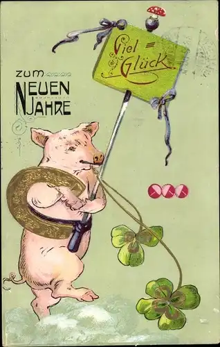 Präge Ak Glückwunsch Neujahr, Schwein, Glücksklee, Pilze, Hufeisen