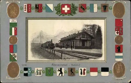 Präge Wappen Passepartout Ak Alpnachstad Kanton Obwalden, Bahnhof, Eisenbahn