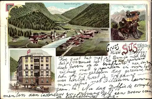 Litho Sils im Engadin Kt. Graubünden, Panorama, Hotel Schweizerhof, Bergpost, Postkutsche