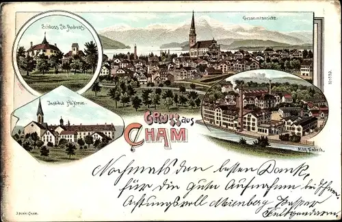 Litho Cham Kanton Zug, Schloss St. Andreas, Institut Hl. Kreuz, Milchfabrik, Gesamtansicht