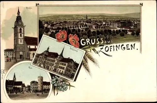 Litho Zofingen Kanton Aargau, Kirche, Panorama, Rathaus, Post