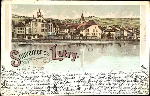 Litho Lutry Kanton Waadt, Stadtansicht vom Wasser aus