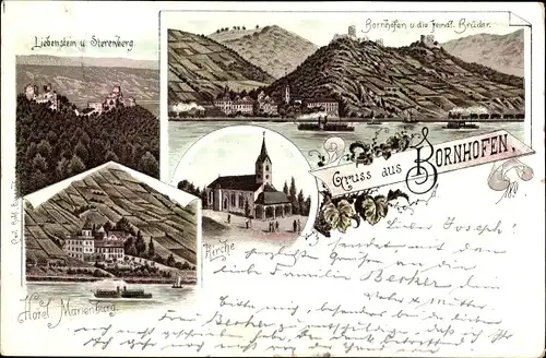 Litho Bornhofen am Rhein, Kirche, Feindl. Brüder, Liebenstein, Sterenburg, Hotel Marienburg