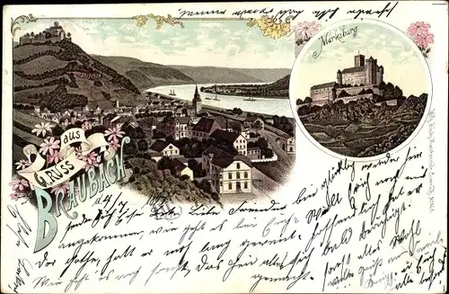 Litho Braubach im Rhein Lahn Kreis, Ortspanorama, Blick auf die Marksburg