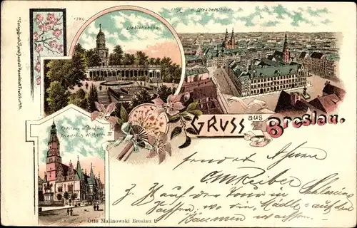 Litho Wrocław Breslau in Schlesien, Rathaus, Denkmal Friedrich Wilhelm III, Liebichshöhe