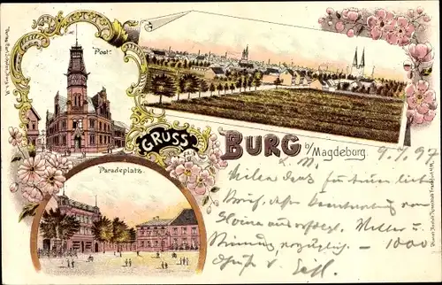 Litho Burg bei Magdeburg, Post, Panorama von der Ortschaft, Paradeplatz