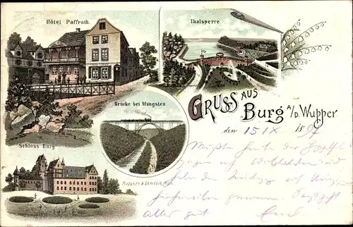 Litho Burg an der Wupper Solingen, Müngstener Brücke, Hotel Paffrath, Talsperre, Schloss Burg