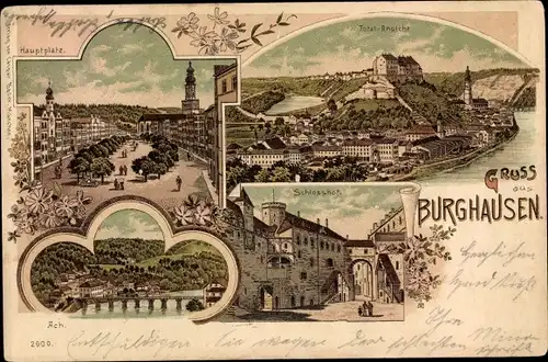 Litho Burghausen an der Salzach Bayern, Hauptplatz, Schlosshof, Totalansicht