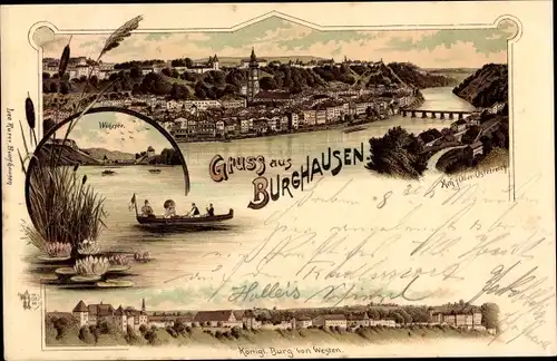 Litho Burghausen an der Salzach Bayern, Burg von Westen, Totalansicht der Ortschaft