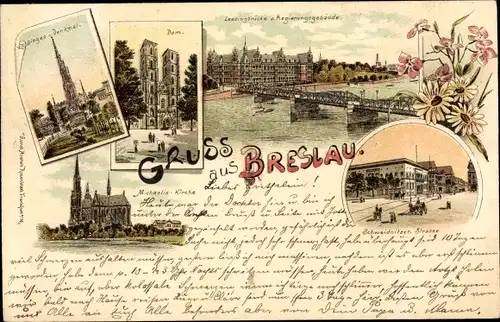 Litho Wrocław Breslau Schlesien, Siegesdenkmal, Dom, Lessingbrücke, Schweidnitzer Straße