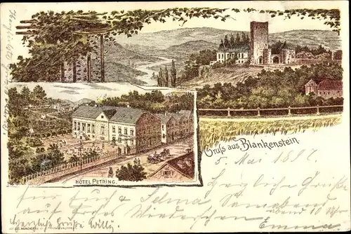 Litho Blankenstein Hattingen im Ennepe Ruhr Kreis, Hotel Petring, Burg, Turm, Kutschen