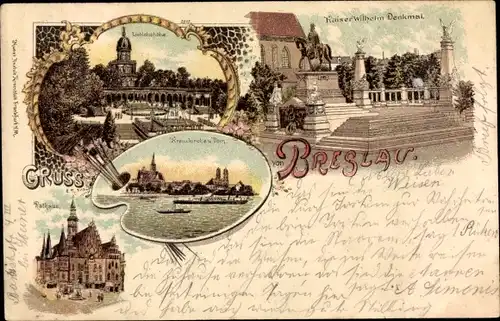 Litho Wrocław Breslau Schlesien, Kaiser Wilhelm Denkmal, Liebichshöhe, Dom, Rathaus
