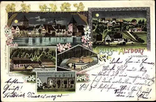 Litho Altdorf in Mittelfranken, Sophienquelle, Prackenfels, Klosterruine, Kleeblätter