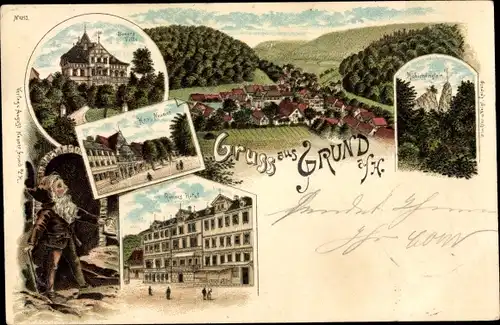 Litho Bad Grund im Harz, Römers Villa, Haus Neuner, Römers Hotel, Hübichenstein, Zwerg
