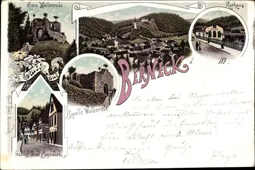 Litho Bad Berneck im Fichtelgebirge Oberfranken, Ruine Wallenrode, Kurhaus, Kapelle, Totalansicht