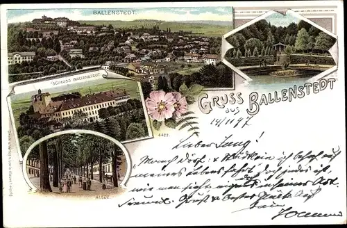 Litho Ballenstedt im Harz, Schloss, Allee, Totalansicht