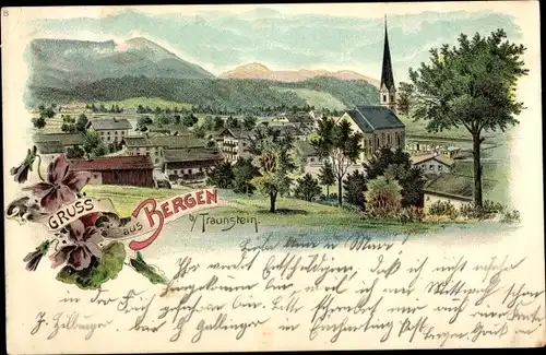 Litho Bergen im Chiemgau Oberbayern, Totalansicht der Ortschaft