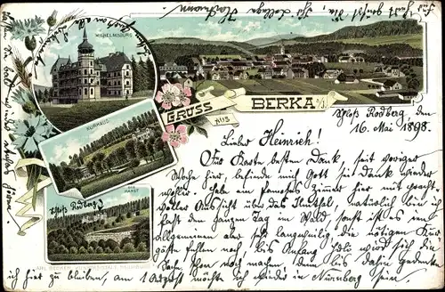 Litho Bad Berka im Weimarer Land Thüringen, Wilhelmsburg, Kurhaus, Blick auf die Hardt, Panorama