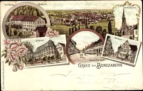 Litho Bad Bergzabern im Kreis Südliche Weinstraße, Rathaus, Kirche, Schloss, Kurhaus Behret