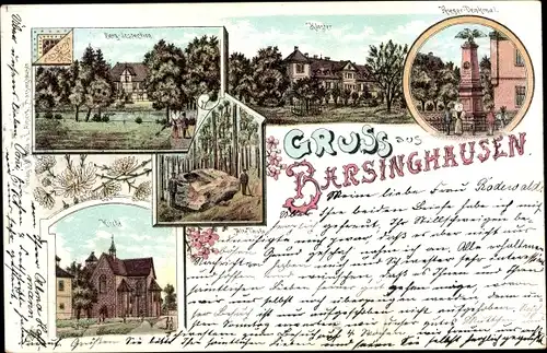 Litho Barsinghausen am Deister, Berginspektion, Kriegerdenkmal, Kloster, Kirche, Alte Taufe